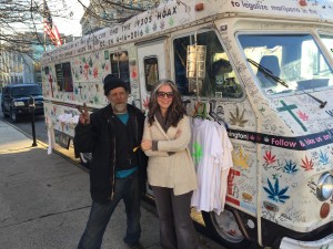 Ashley and 420Jim in front of the Cannabus. 