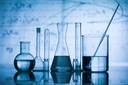 Group of flasks on a lab table