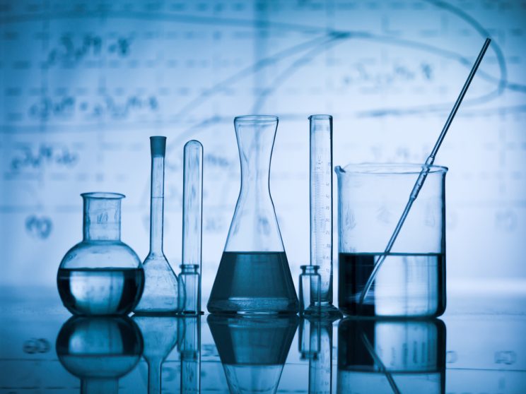 Group of flasks on a lab table